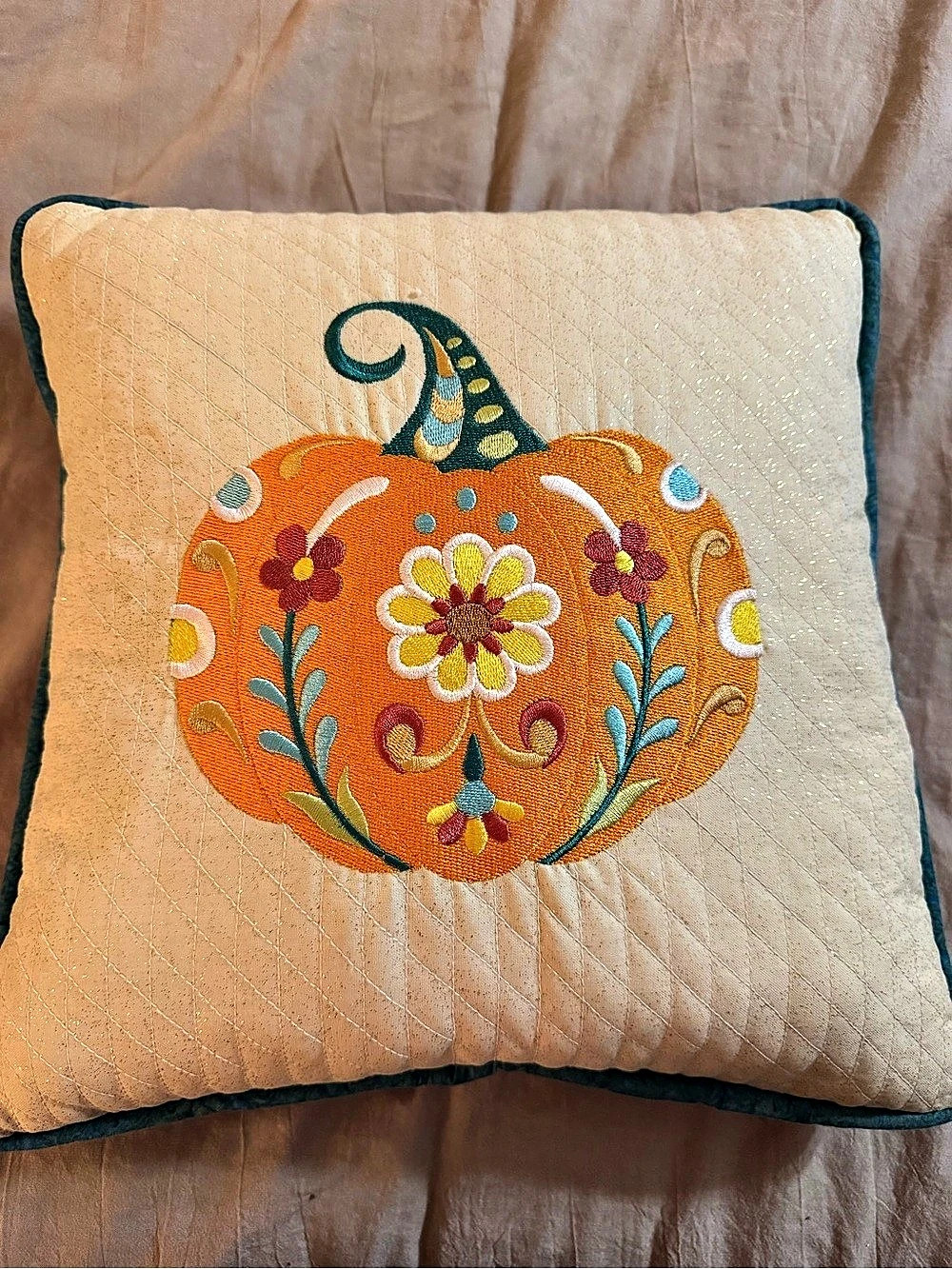 Pumpkin Embroidered Accent Pillow in Orange, Cream & Gold